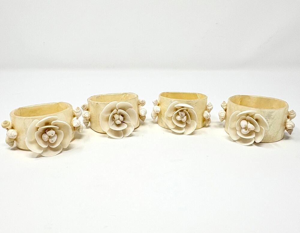 Vintage Capiz Shell Mother of Pearl Flower Rose Napkin Rings Set of 4 - 1970s